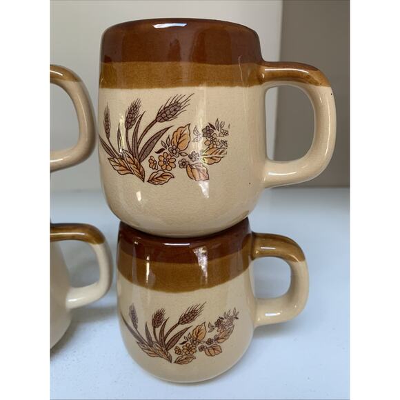 6 Vintage 70’s Country Brown Wheat & Flower Stoneware 10 oz. Coffee Mugs Taiwan - Picture 2 of 5